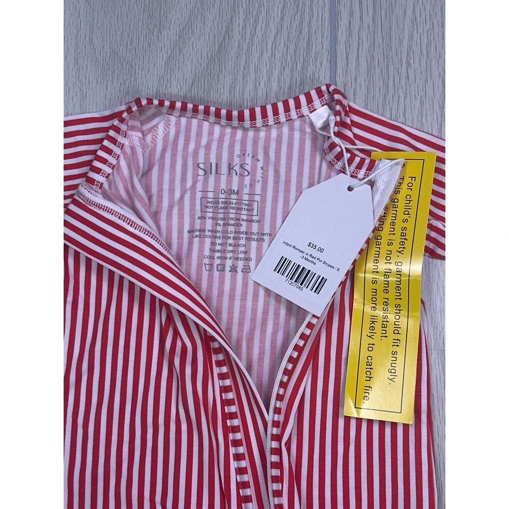 Dream With Silks Red Pin Stripe Bamboo Viscose Infant Romper 0-3 Months NWT